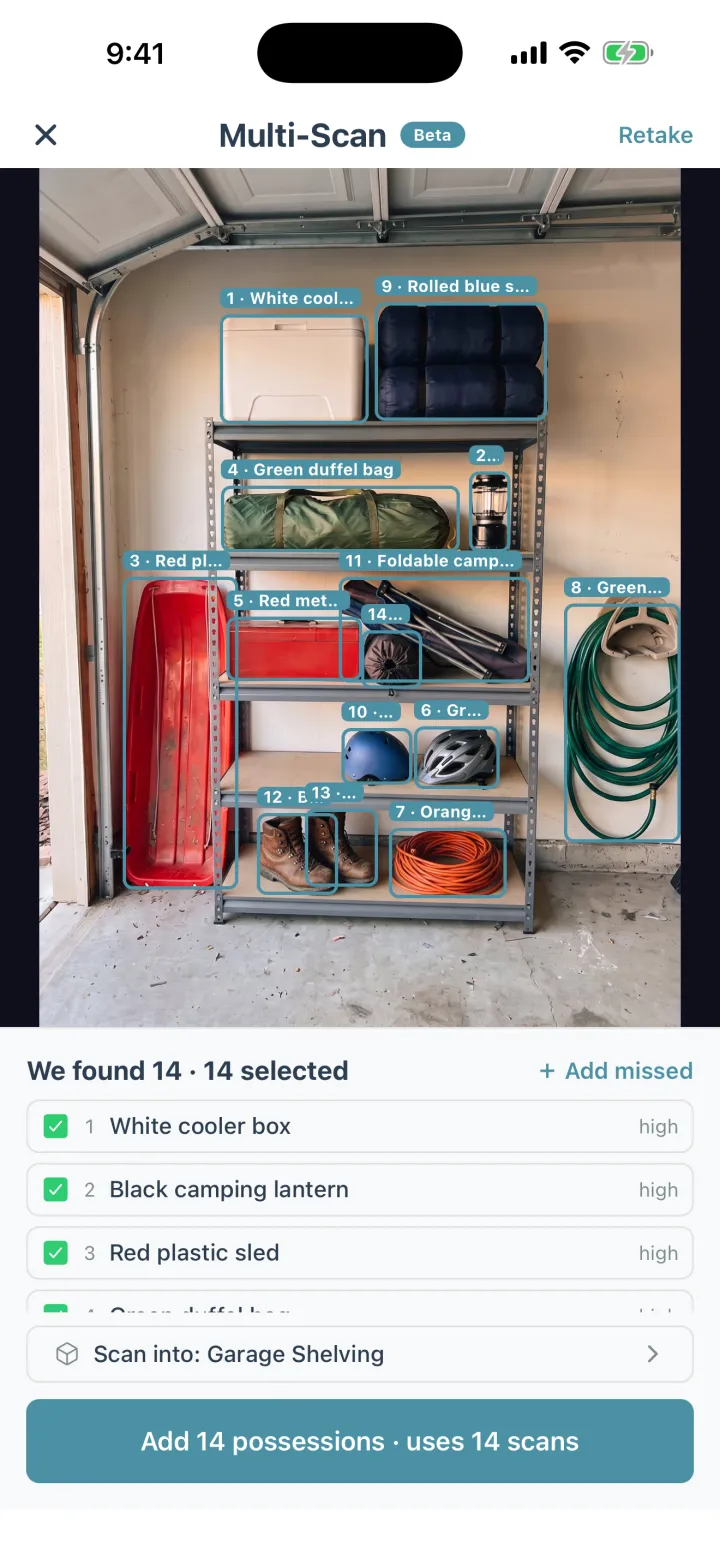 Cratify Multi-Scan on a garage shelf: fourteen possessions outlined and named, including a white cooler box, a camping lantern and a red plastic sled