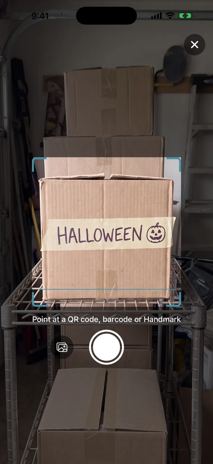 Cratify Scan pointed at the HALLOWEEN box, with the prompt: Point at a QR code, barcode or Handmark