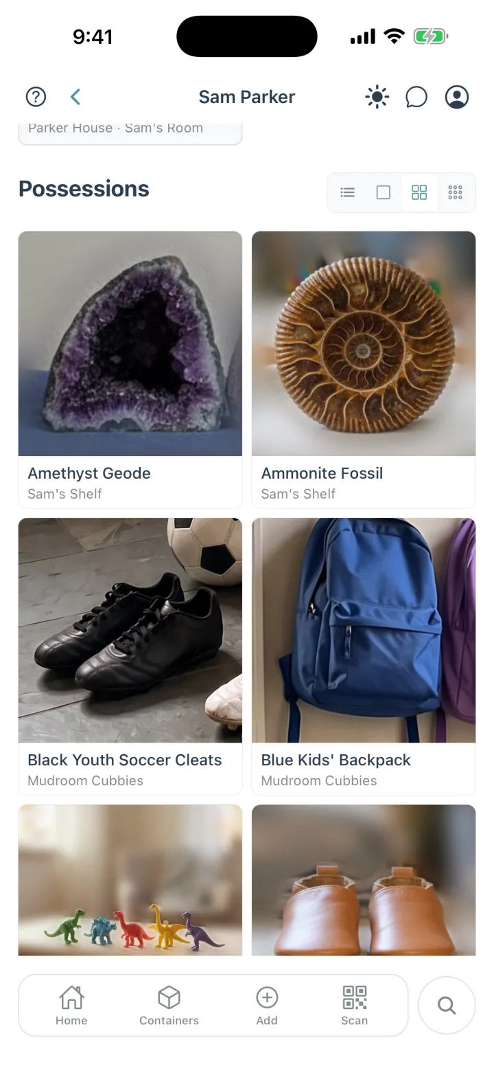 Sam Parker's page in Cratify: a photo grid of Sam's possessions, including an amethyst geode, an ammonite fossil and youth soccer cleats