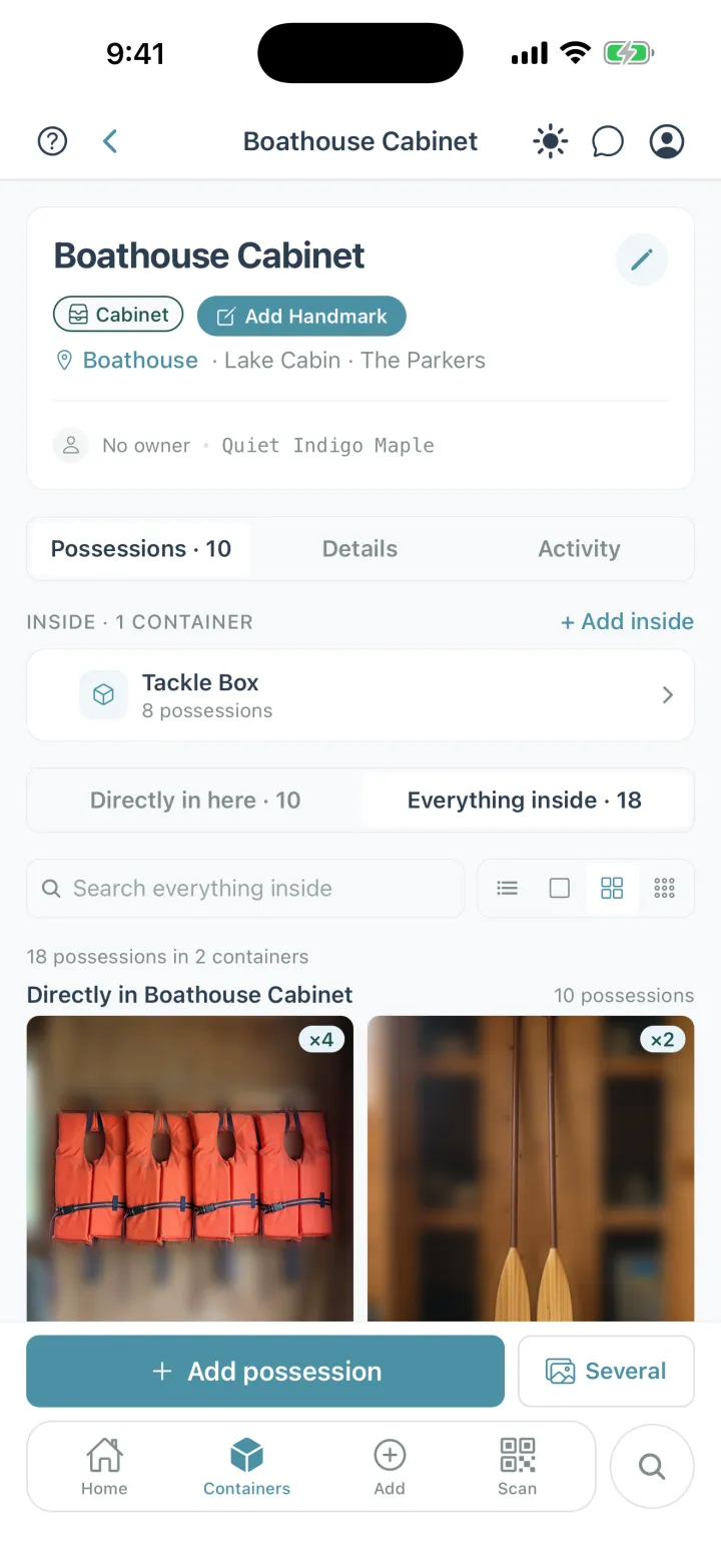 A Boathouse Cabinet container in Cratify holding a Tackle Box container, with Everything inside showing 18 possessions in 2 containers