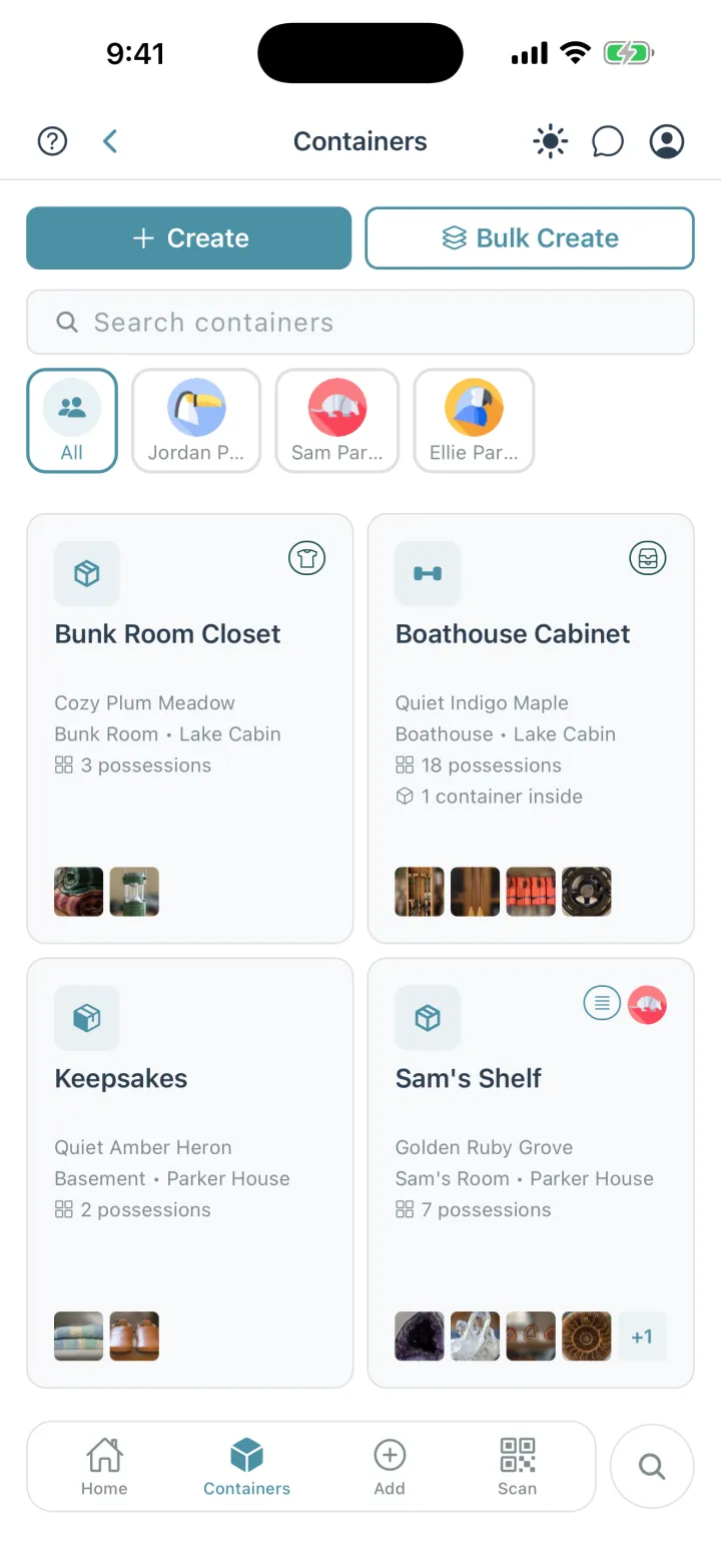 Cratify Containers screen for the Parker household: a filter for each person, and container cards such as Boathouse Cabinet at Lake Cabin with 18 possessions and 1 container inside, and Sam's Shelf in Sam's Room at Parker House