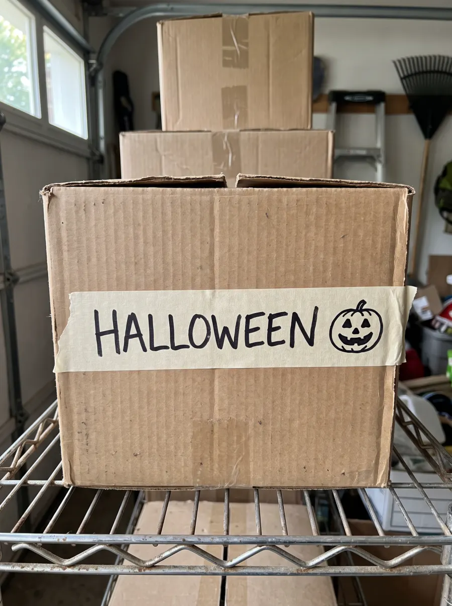 A cardboard box on a garage shelf with HALLOWEEN and a pumpkin drawn in marker on masking tape